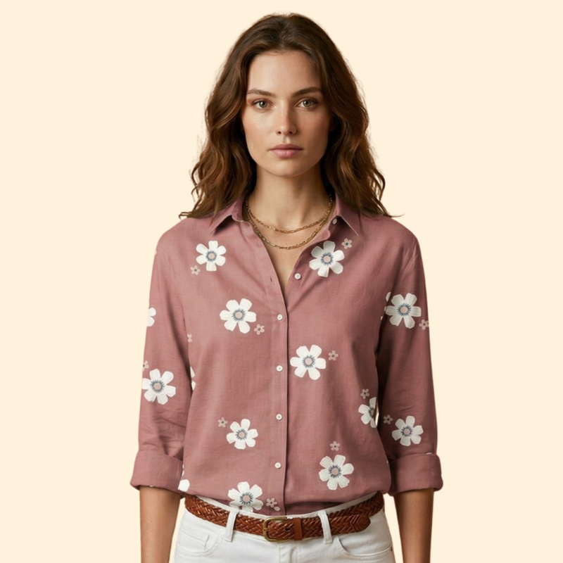 Women’s Floral Blouse with Pointed Collar