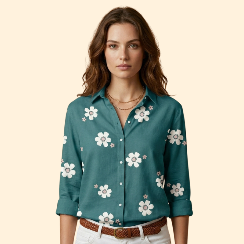 Women’s Floral Blouse with Pointed Collar