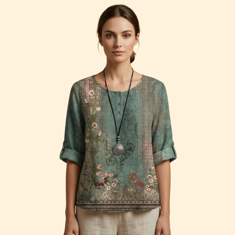Women’s Floral Blouse with Three-Quarter Sleeves
