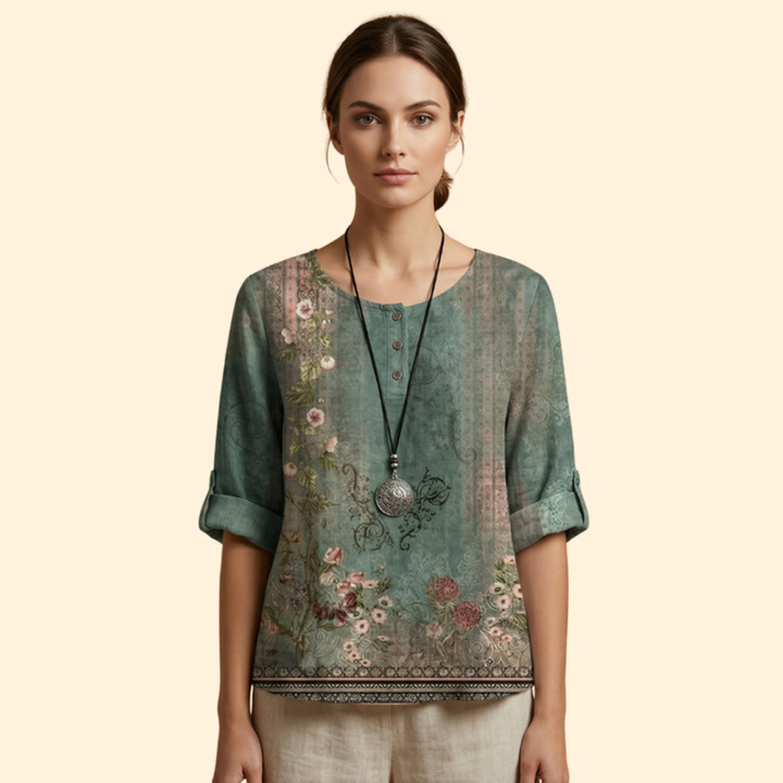 Women’s Floral Blouse with Three-Quarter Sleeves