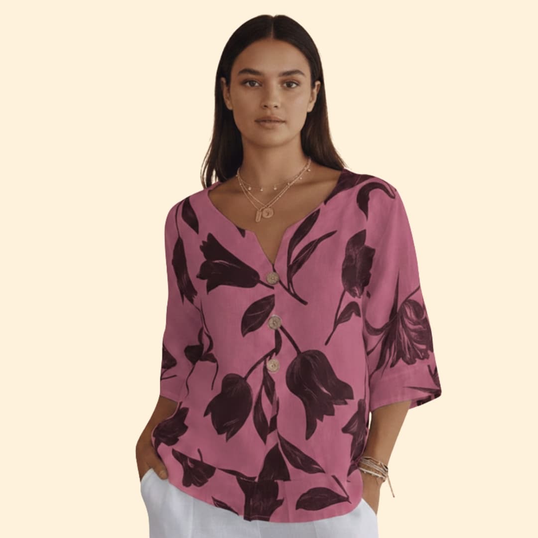 Women’s Floral Button-up Blouse with V-neck Design