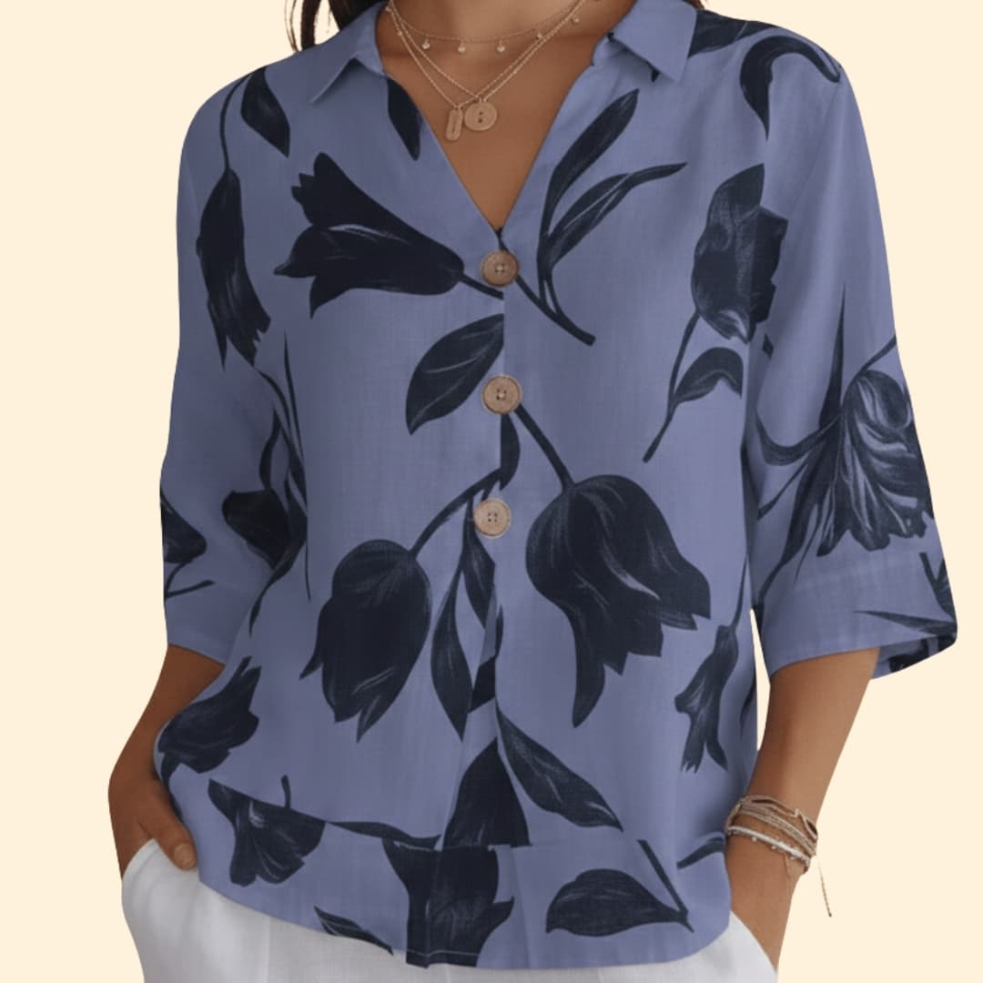 Women’s Floral Button-up Blouse with V-neck Design