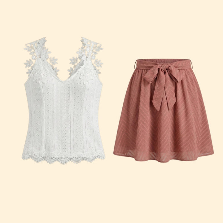 Women’s Floral Lace Top with Bow Tie Skirt