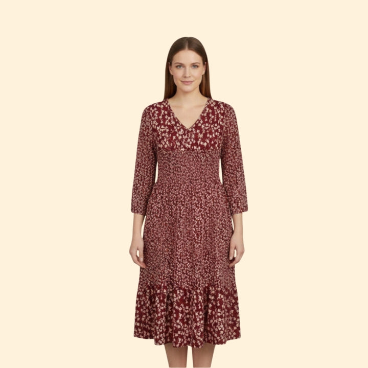 Women’s Floral Midi Dress with Smocked Waist