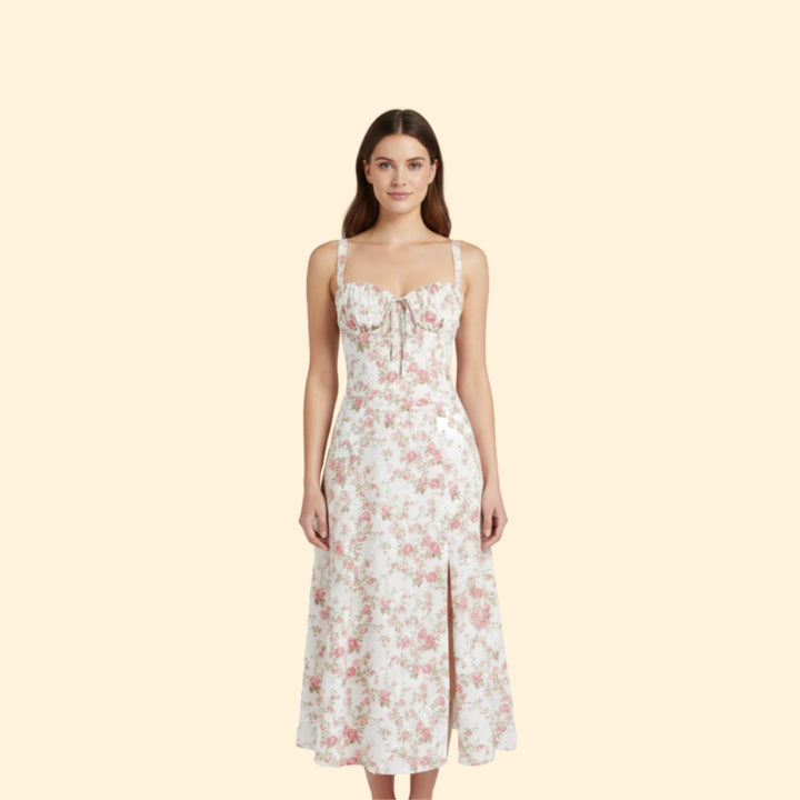 Women’s Floral Midi Dress with Sweetheart Neckline