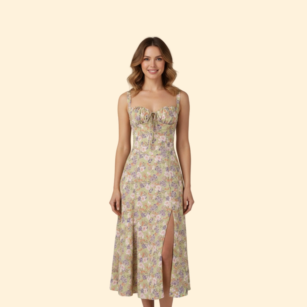Women’s Floral Midi Dress with Sweetheart Neckline