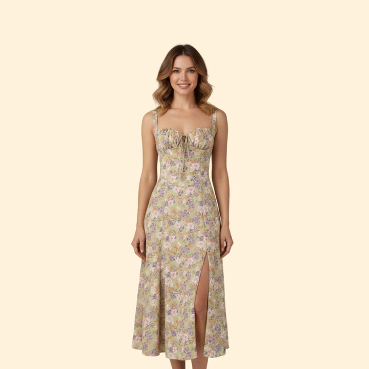 Women’s Floral Midi Dress with Sweetheart Neckline