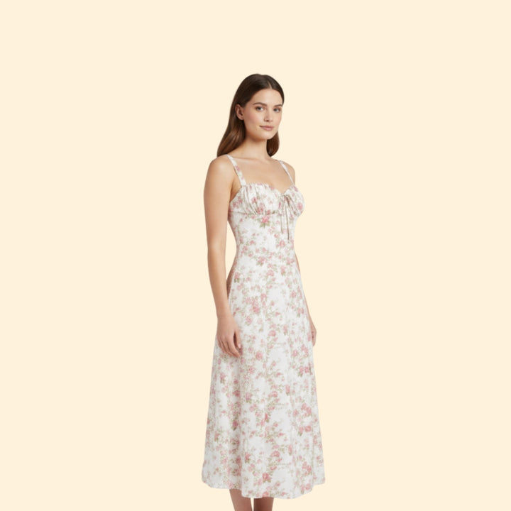 Women’s Floral Midi Dress with Sweetheart Neckline