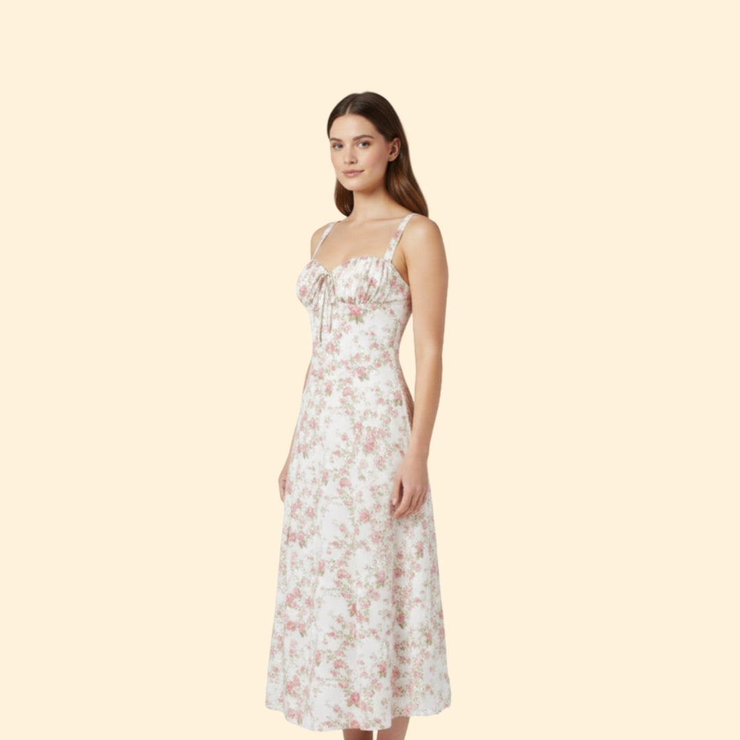 Women’s Floral Midi Dress with Sweetheart Neckline