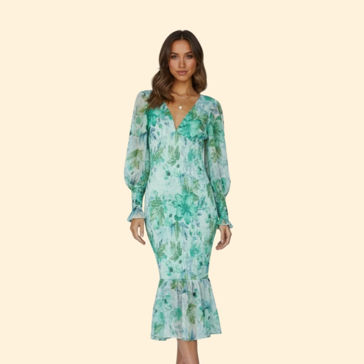 Women’s Floral Midi Dress with V-Neck