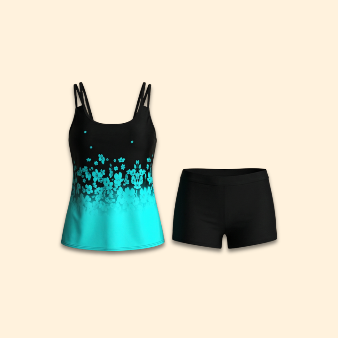 Women’s Floral Tankini with Adjustable Straps and Shorts