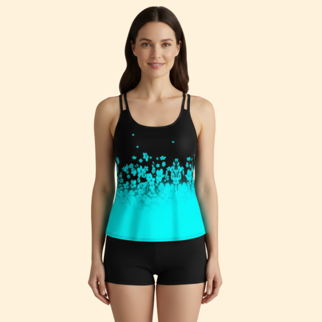 Women’s Floral Tankini with Adjustable Straps and Shorts