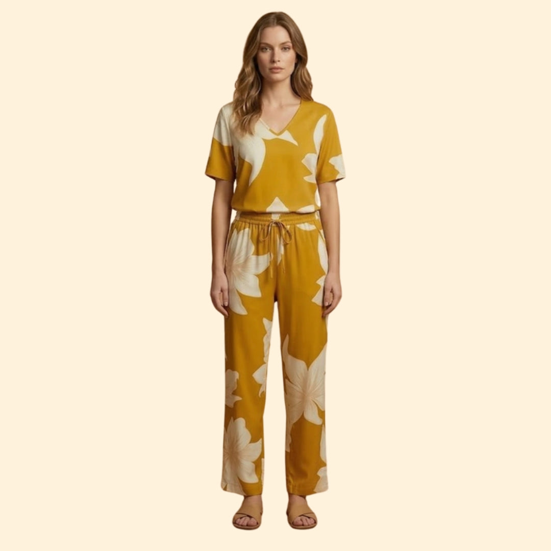 Women’s Floral V-Neck Top and Wide-Leg Trousers Set
