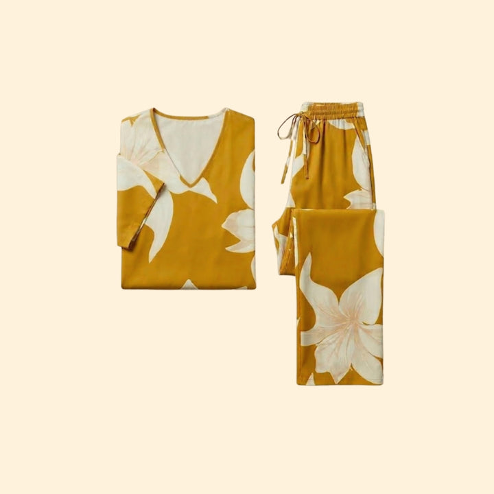 Women’s Floral V-Neck Top and Wide-Leg Trousers Set