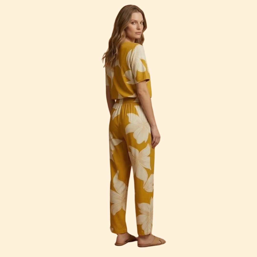 Women’s Floral V-Neck Top and Wide-Leg Trousers Set