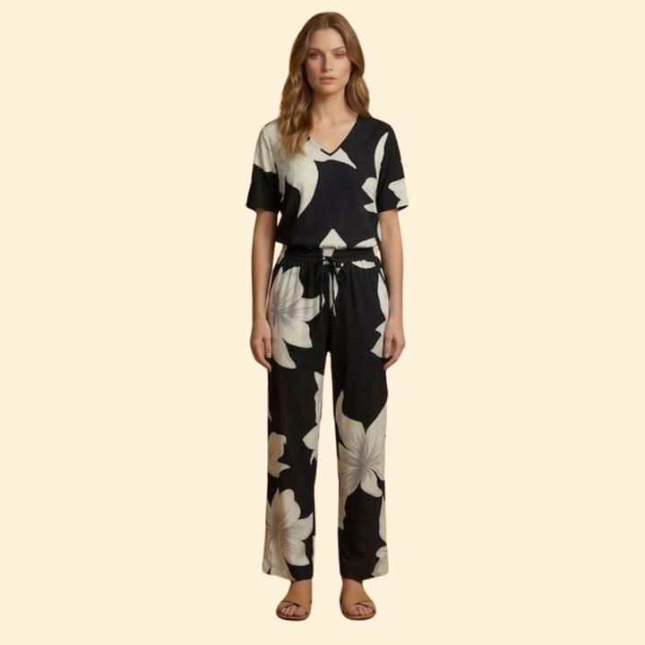 Women’s Floral V-Neck Top and Wide-Leg Trousers Set