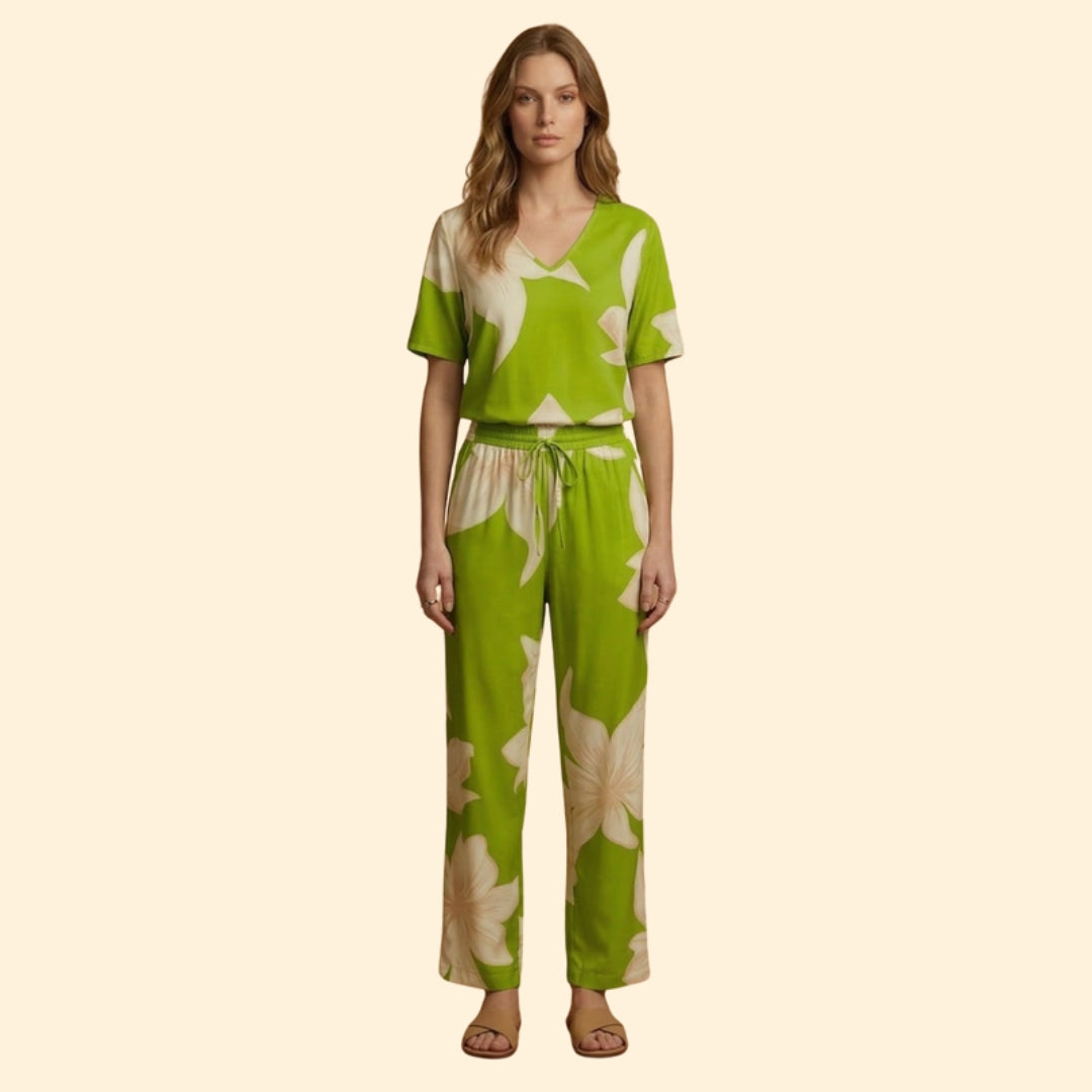 Women’s Floral V-Neck Top and Wide-Leg Trousers Set
