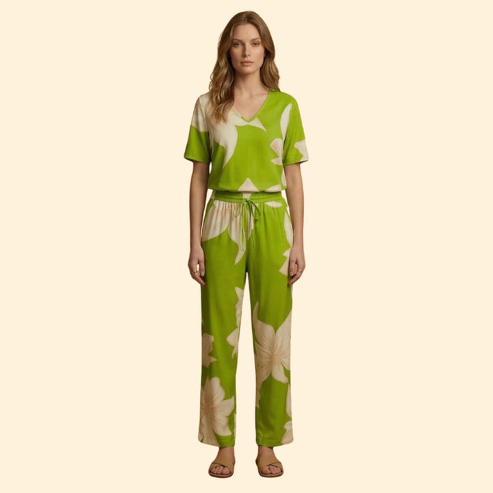 Women’s Floral V-Neck Top and Wide-Leg Trousers Set