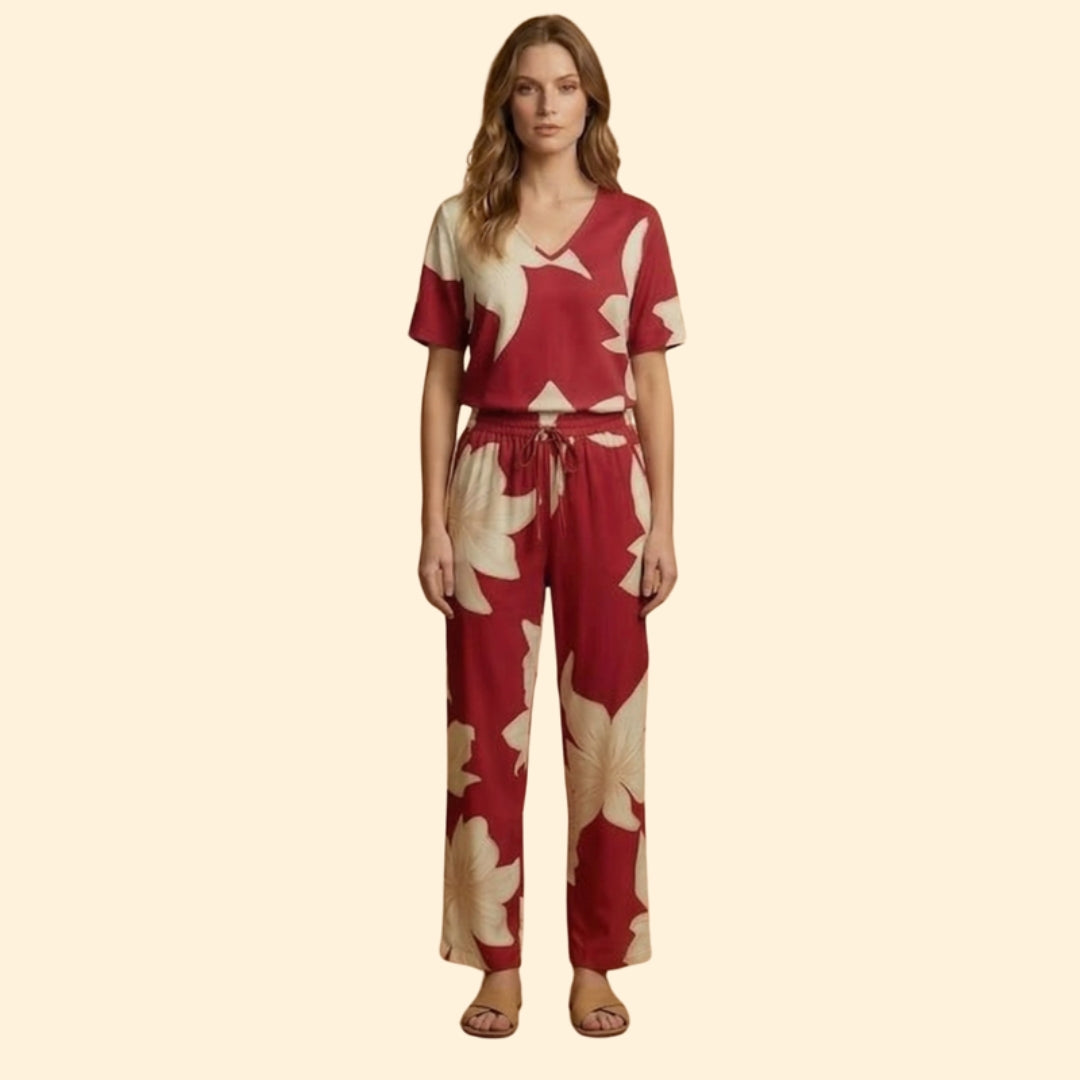 Women’s Floral V-Neck Top and Wide-Leg Trousers Set