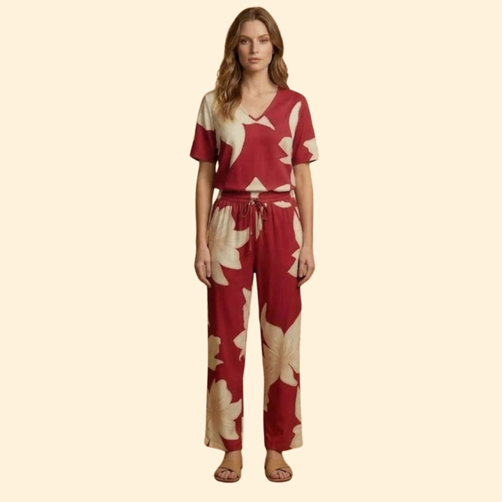 Women’s Floral V-Neck Top and Wide-Leg Trousers Set