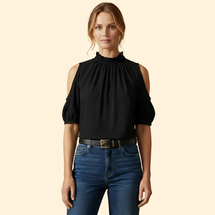 Women's High Collar Top with Sheer Sleeves