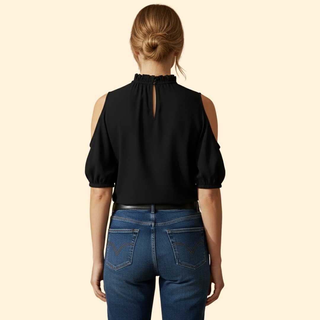 Women's High Collar Top with Sheer Sleeves