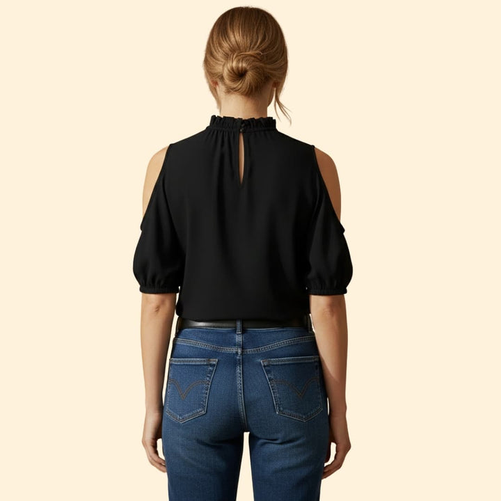 Women's High Collar Top with Sheer Sleeves