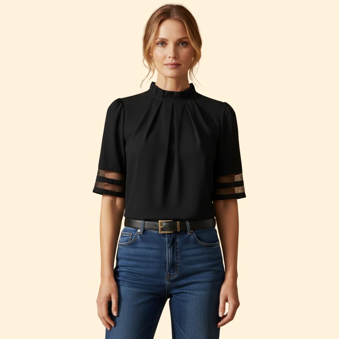 Women's High Collar Top with Sheer Sleeves
