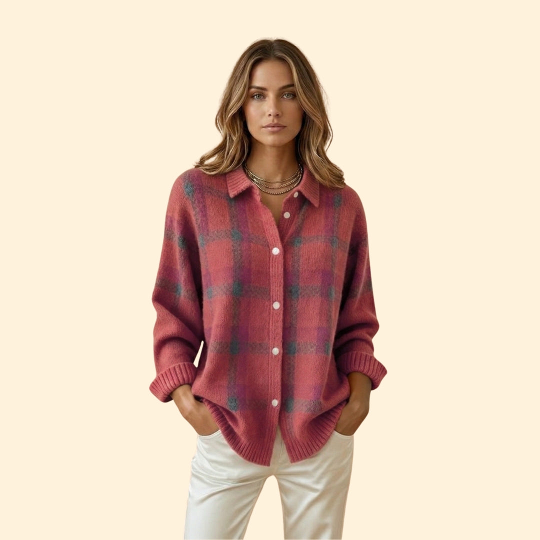 Women’s Knit Cardigan with Plaid Pattern