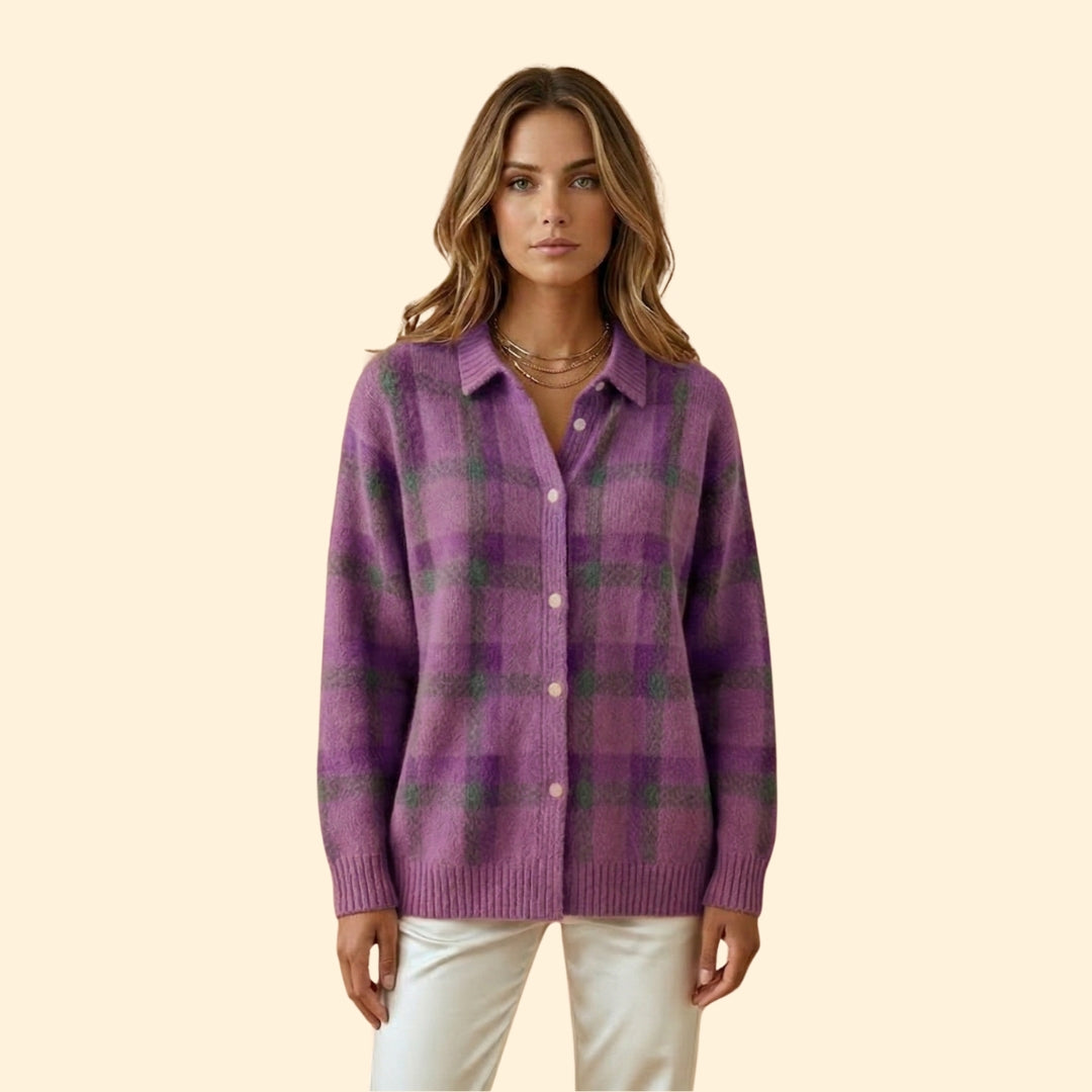 Women’s Knit Cardigan with Plaid Pattern