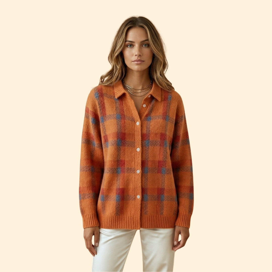Women’s Knit Cardigan with Plaid Pattern
