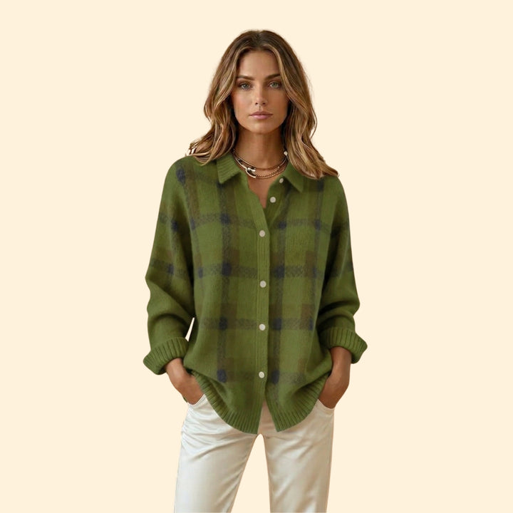 Women’s Knit Cardigan with Plaid Pattern