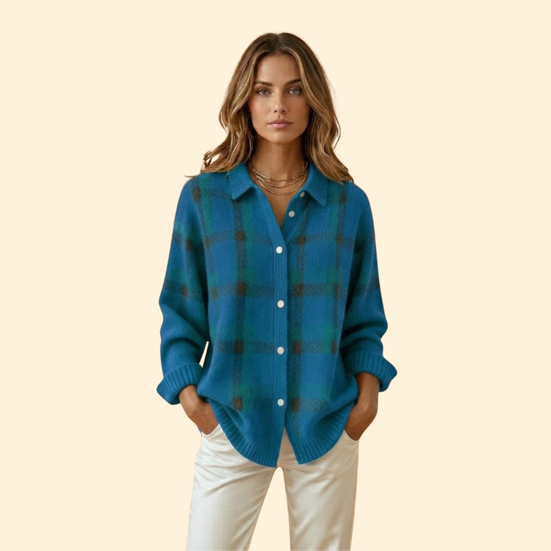 Women’s Knit Cardigan with Plaid Pattern