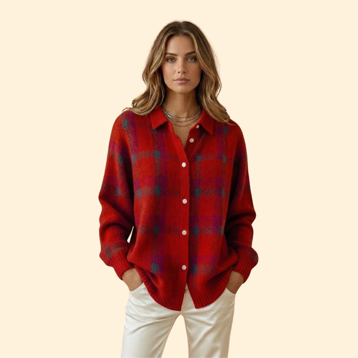 Women’s Knit Cardigan with Plaid Pattern