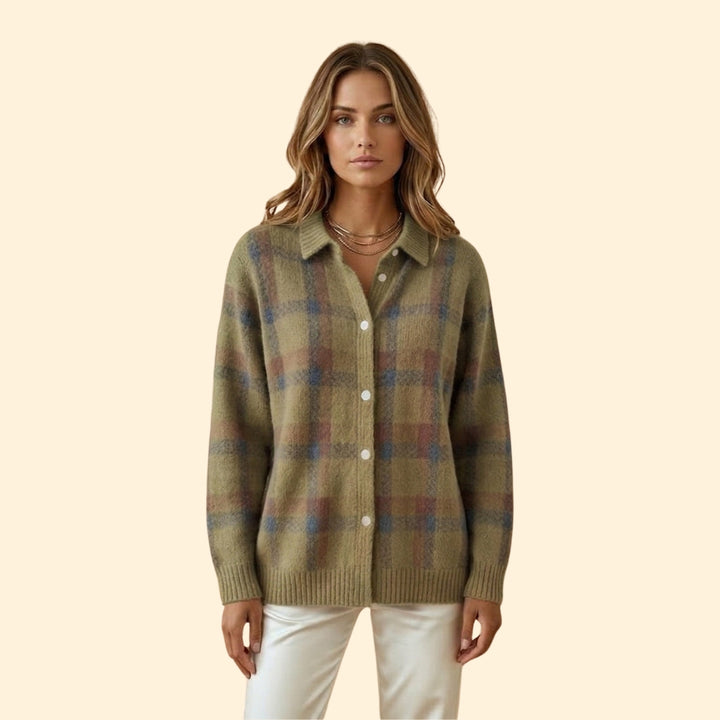 Women’s Knit Cardigan with Plaid Pattern