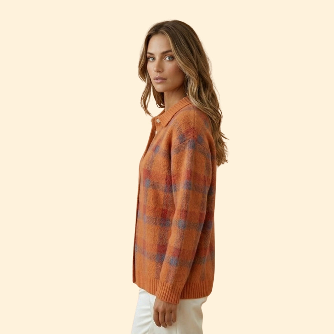 Women’s Knit Cardigan with Plaid Pattern