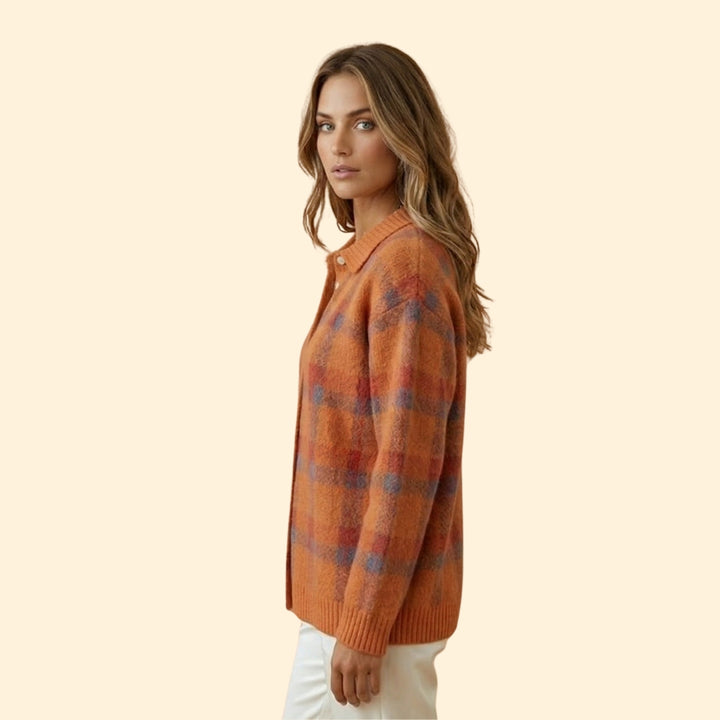 Women’s Knit Cardigan with Plaid Pattern