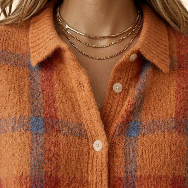 Women’s Knit Cardigan with Plaid Pattern
