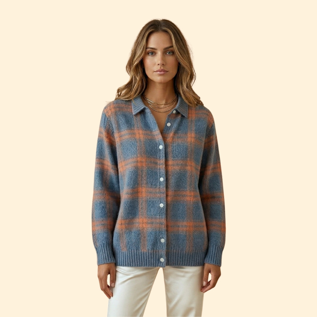 Women’s Knit Cardigan with Plaid Pattern