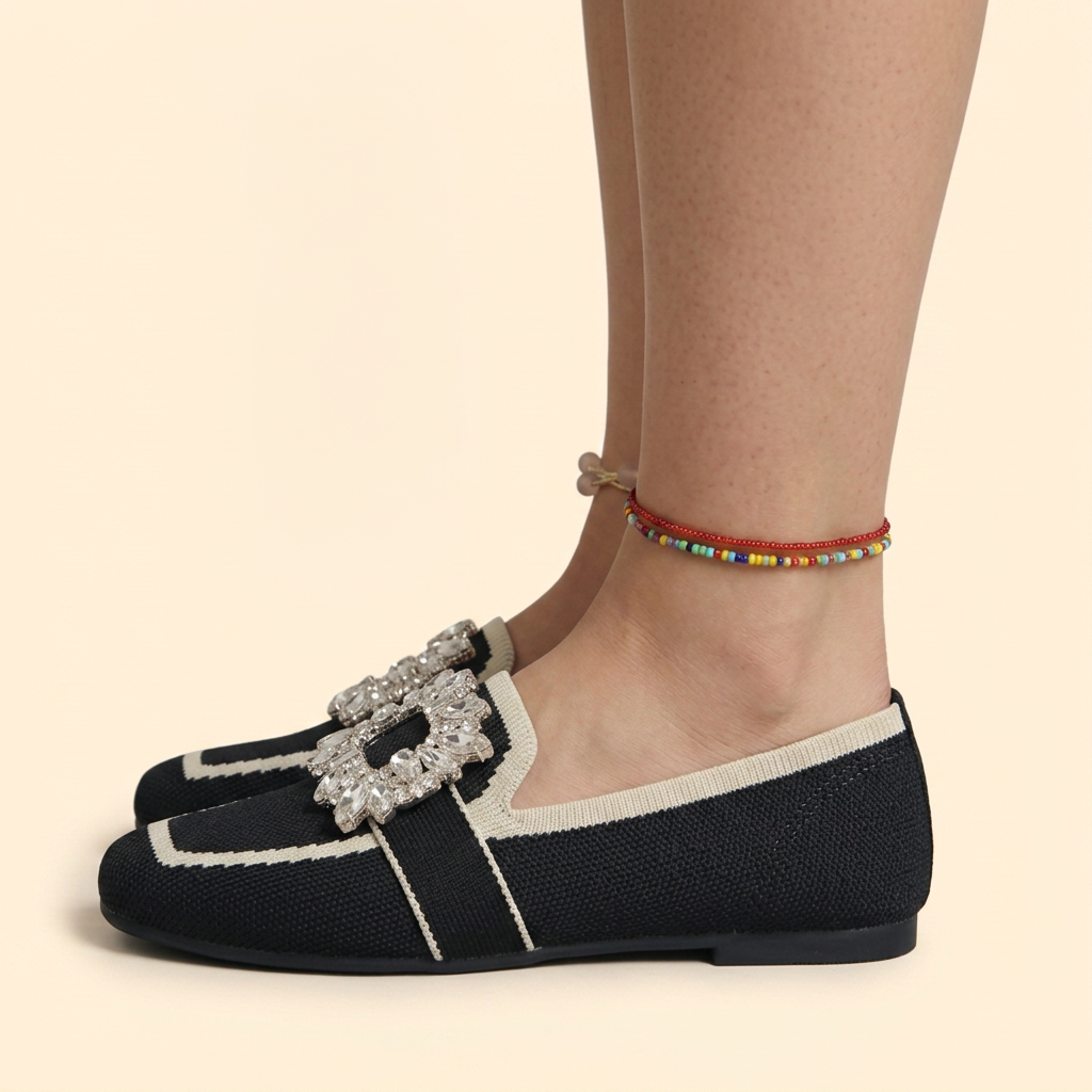 Women's Knit Loafers with Rhinestone Buckle