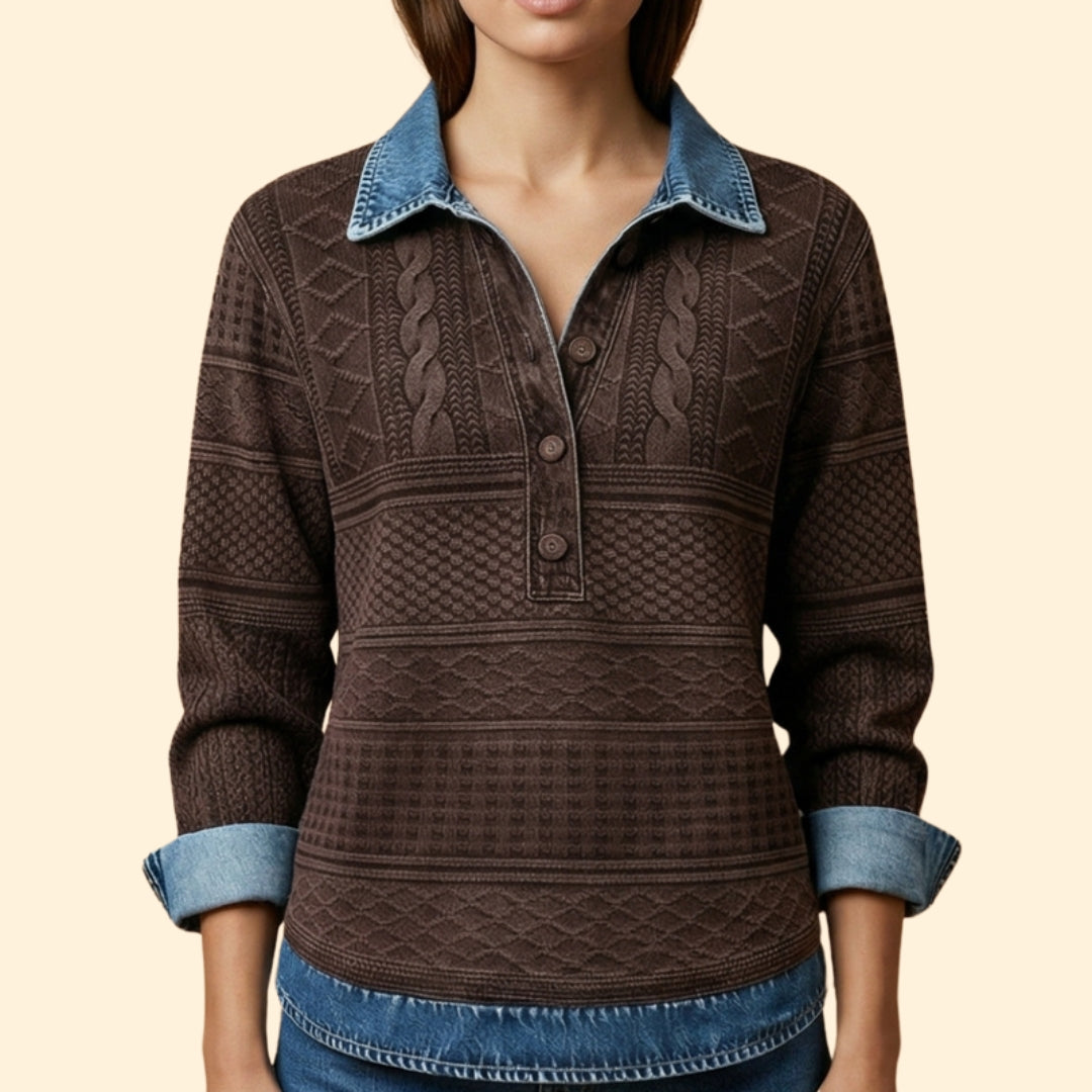 Women’s Knit Sweatshirt with Denim Print Collar