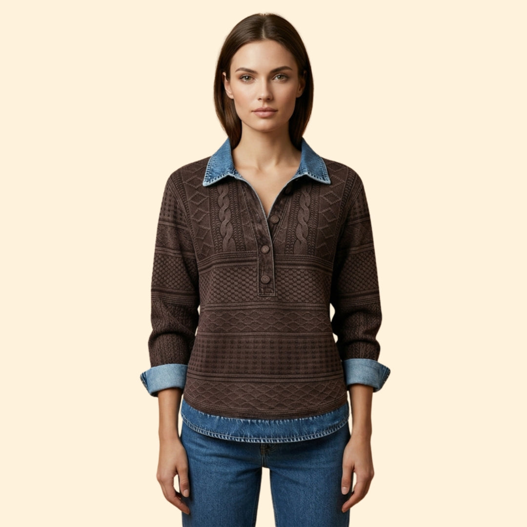 Women’s Knit Sweatshirt with Denim Print Collar