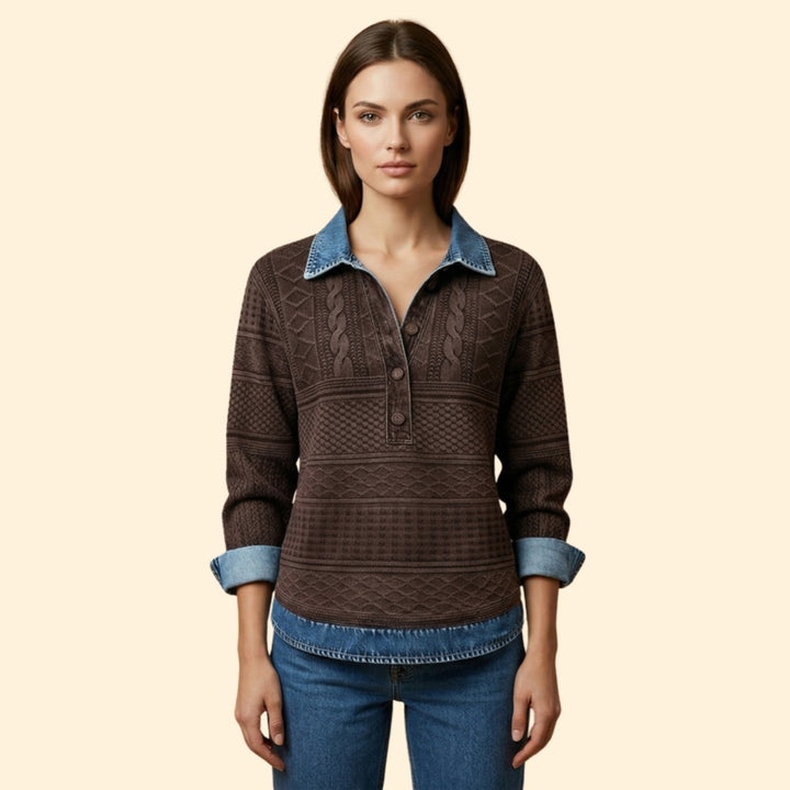 Women’s Knit Sweatshirt with Denim Print Collar