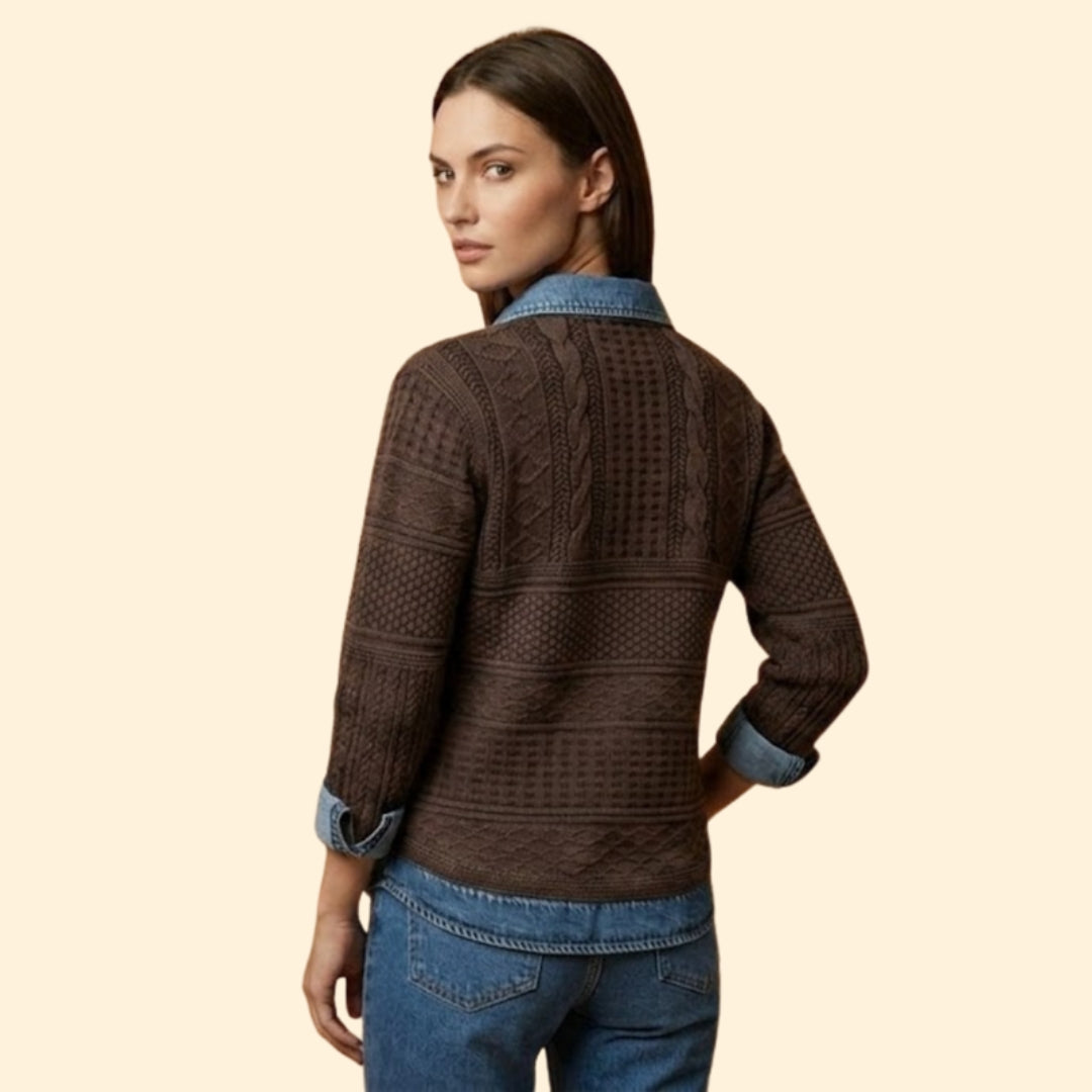 Women’s Knit Sweatshirt with Denim Print Collar