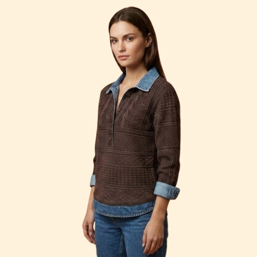 Women’s Knit Sweatshirt with Denim Print Collar