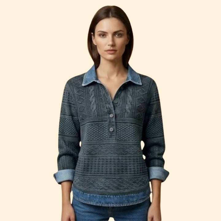 Women’s Knit Sweatshirt with Denim Print Collar