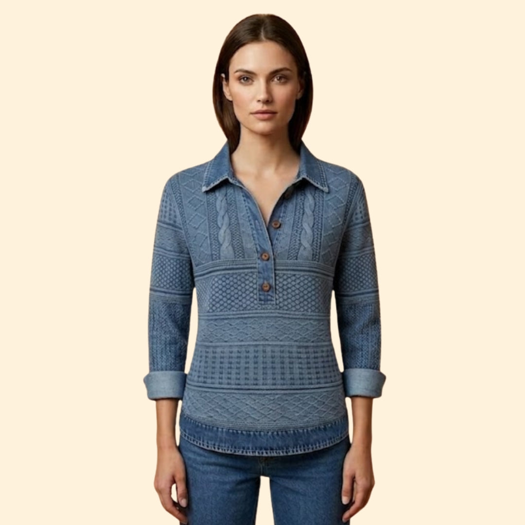 Women’s Knit Sweatshirt with Denim Print Collar