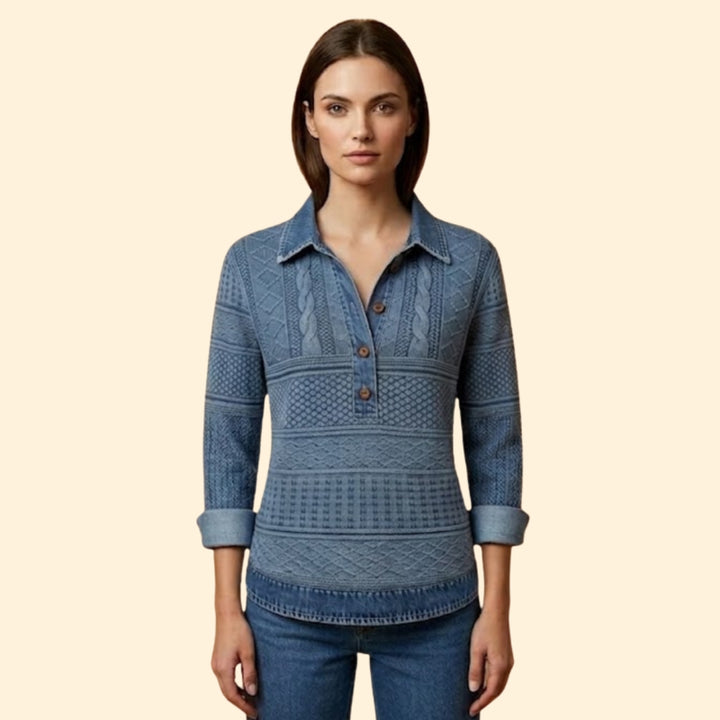 Women’s Knit Sweatshirt with Denim Print Collar