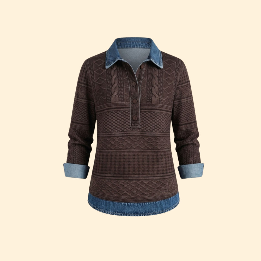 Women’s Knit Sweatshirt with Denim Print Collar