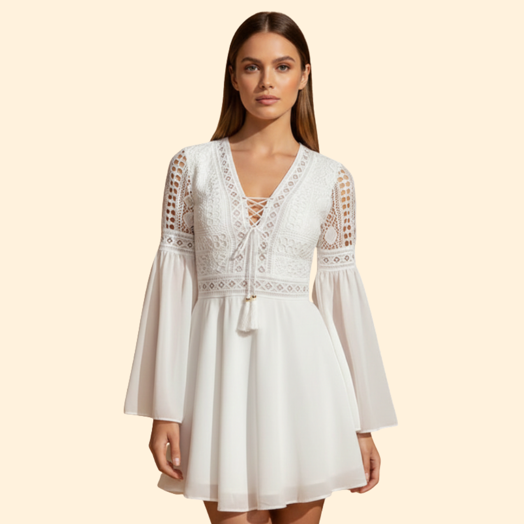 Women's Lace Detail Dress with Trumpet Sleeves